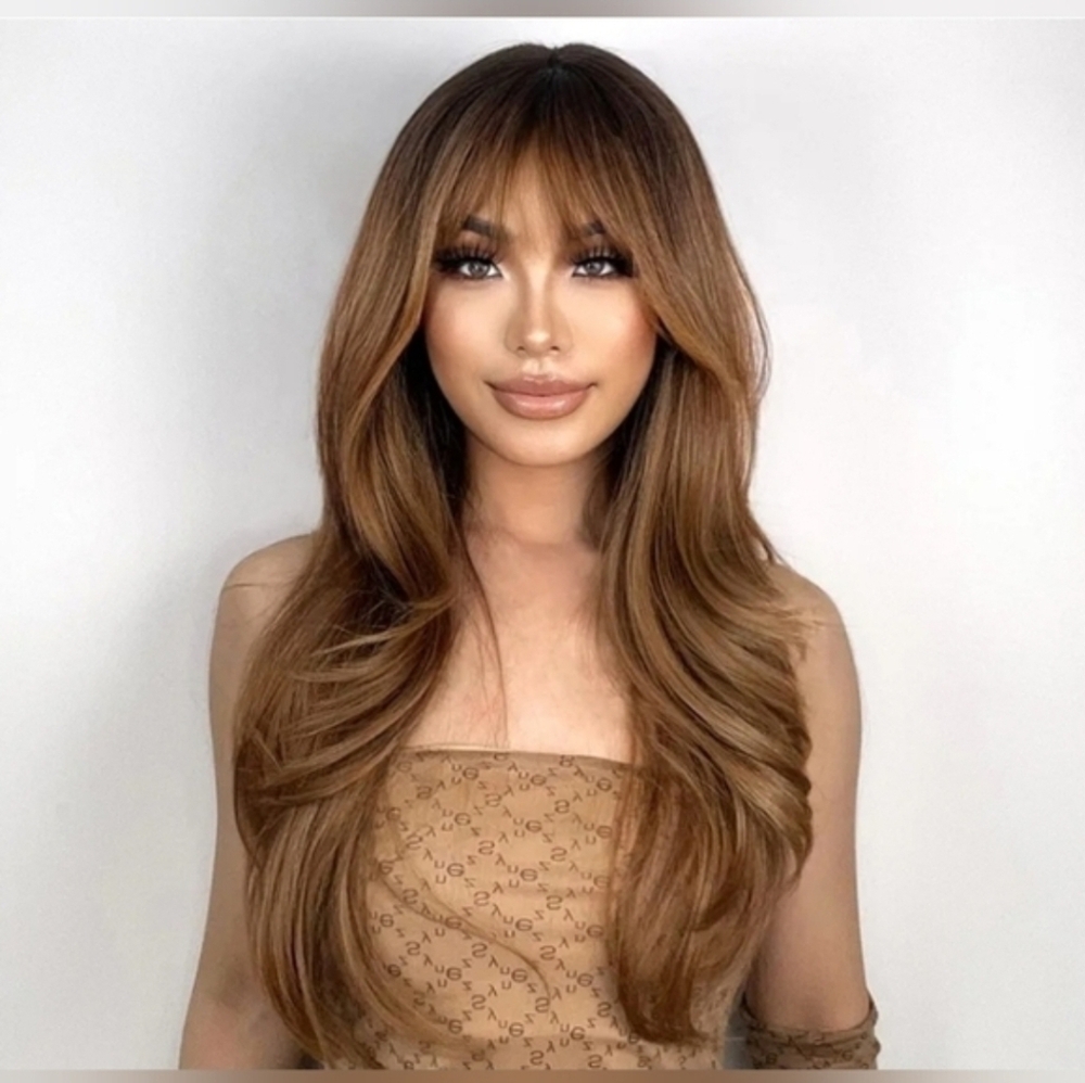 26 Inch Ombre Brown With Dark Roots Layered Synthetic Hair Wig With Bang